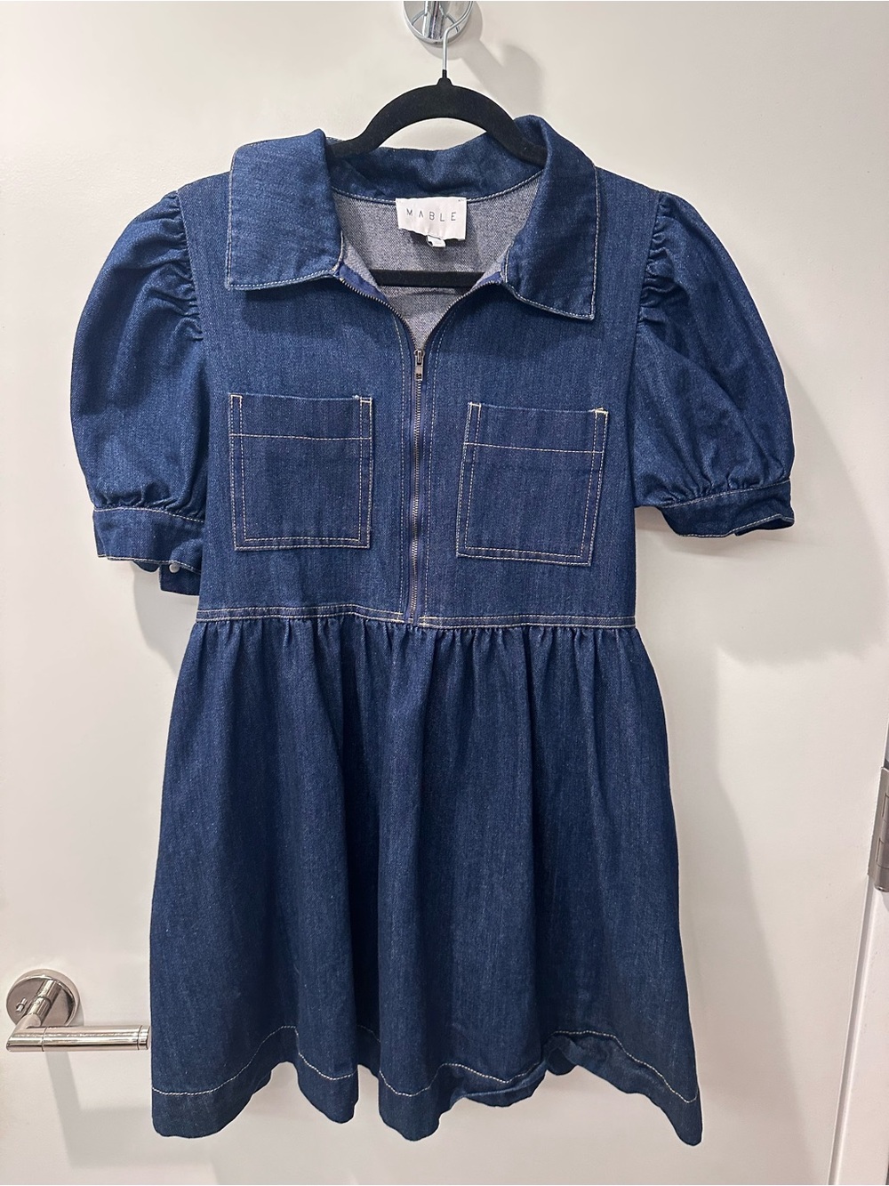 MABLE Dark Blue Denim Puff-Sleeve Zip Dress